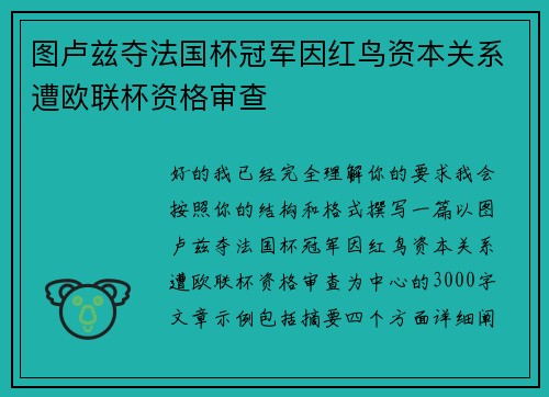 图卢兹夺法国杯冠军因红鸟资本关系遭欧联杯资格审查