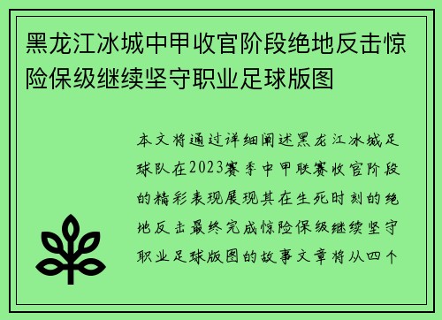 黑龙江冰城中甲收官阶段绝地反击惊险保级继续坚守职业足球版图